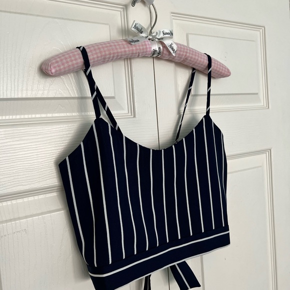 Nautical Navy/White Striped Spaghetti Strap Tie Back Crop Top - Picture 2 of 10
